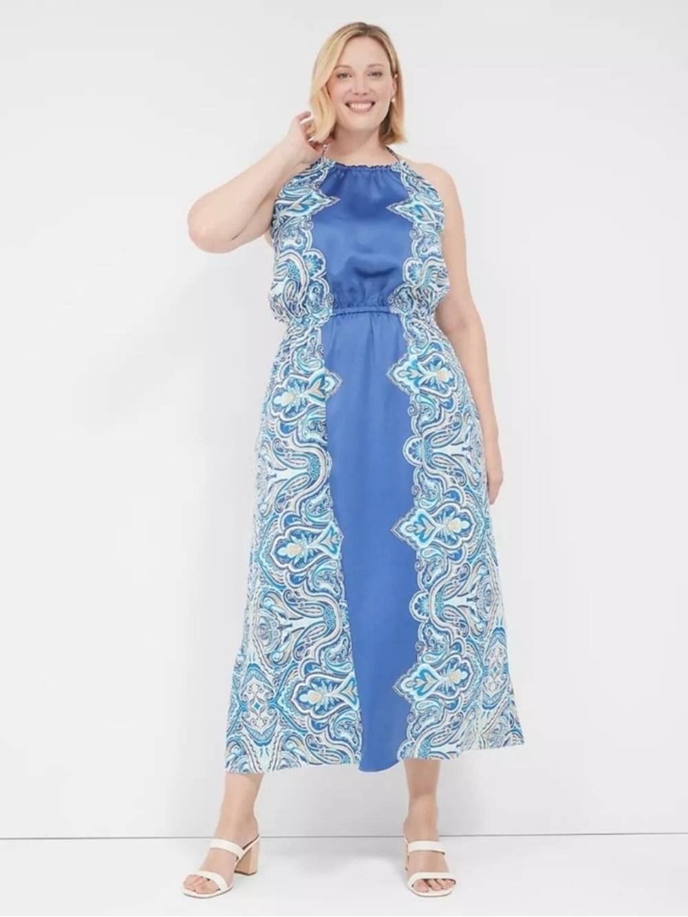Lane Bryant Blue Paisley Halter Backless Satiny Maxi Dress 14 P 16